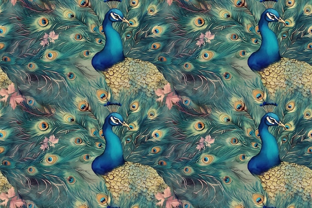 Seamless pattern with birds peacocks with feathers Generative AI illustration