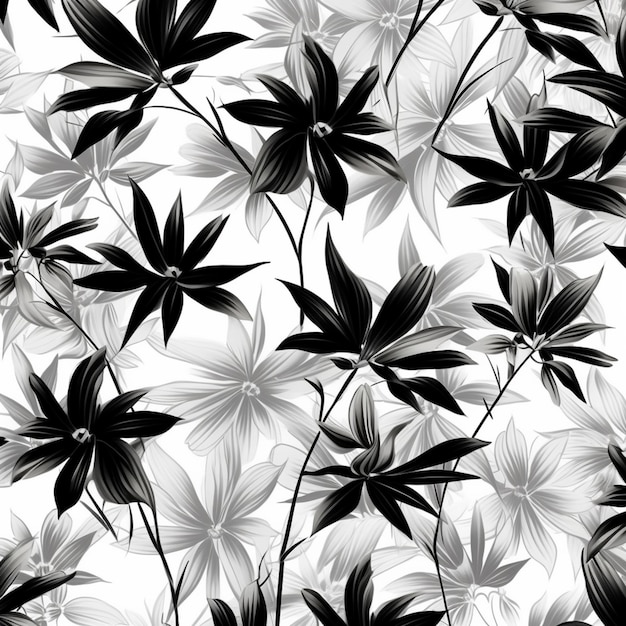 Seamless pattern with black and white flowers and leaves on a white background.