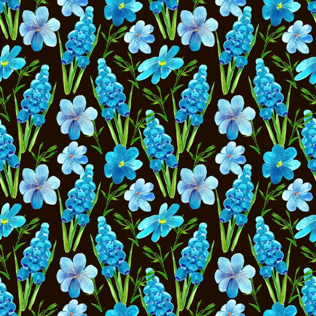 Photo seamless pattern with blue flowers on a black background.