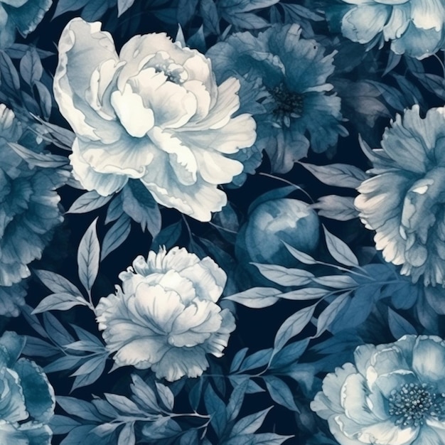 A seamless pattern with blue flowers on a dark background.