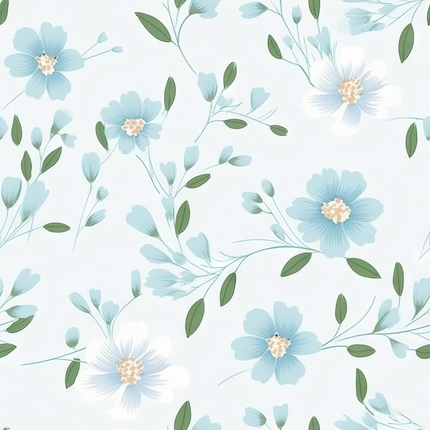 A seamless pattern with blue flowers on a white background.