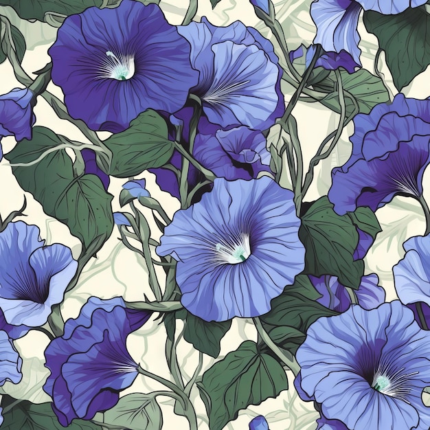 Seamless pattern with blue flowers on a white background.