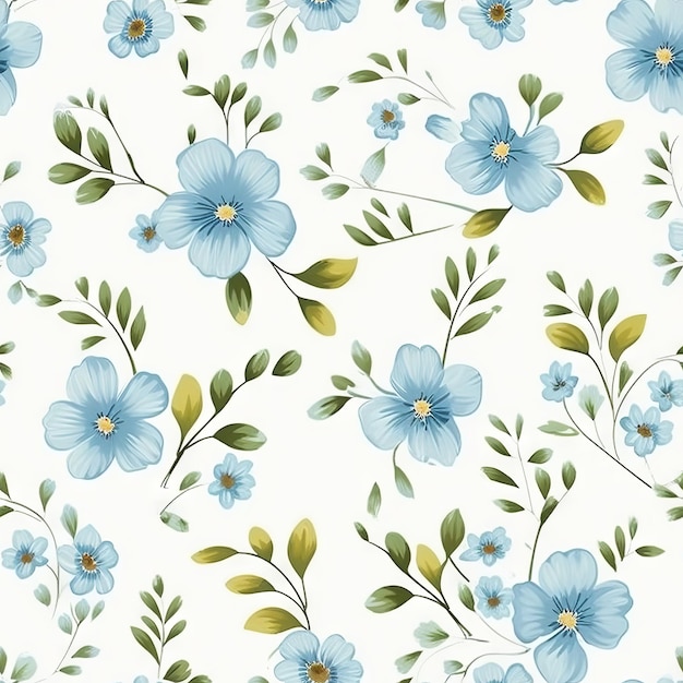 A seamless pattern with blue flowers on a white background.