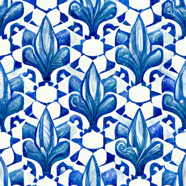 A seamless pattern with blue flowers on a white background.