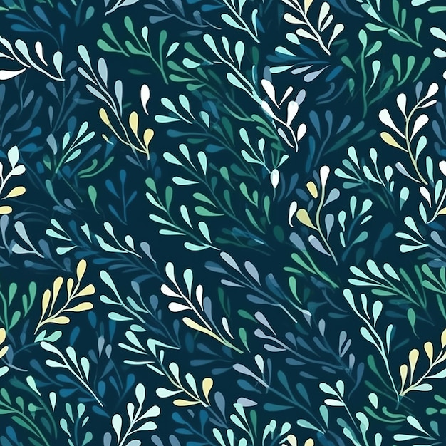 Seamless pattern with blue and green leaves on a dark blue background.