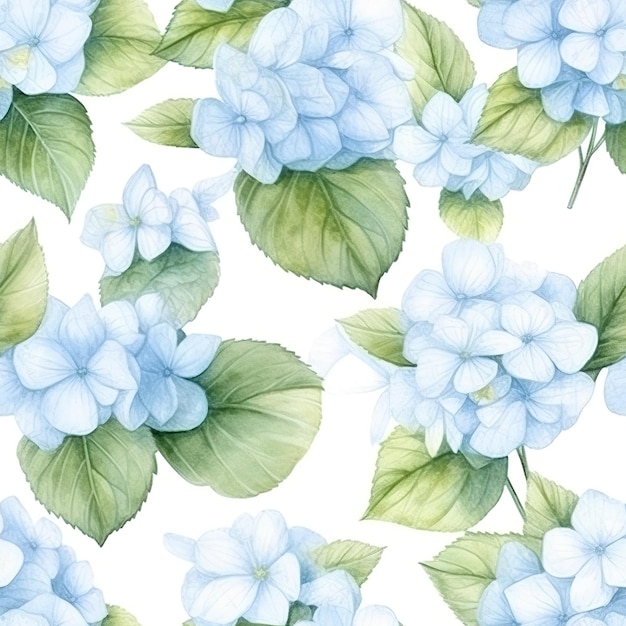 A seamless pattern with blue hydrangea flowers on a white background. watercolor illustration.