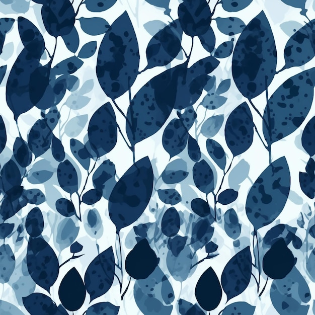 A seamless pattern with blue leaves on a blue background.