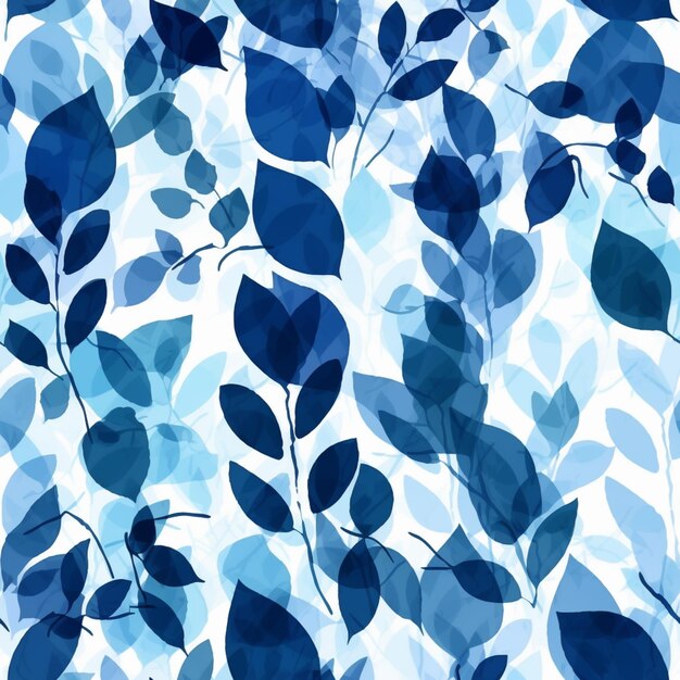 A seamless pattern with blue leaves and branches.