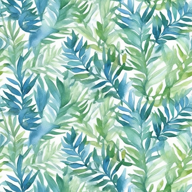 A seamless pattern with blue leaves and plants.