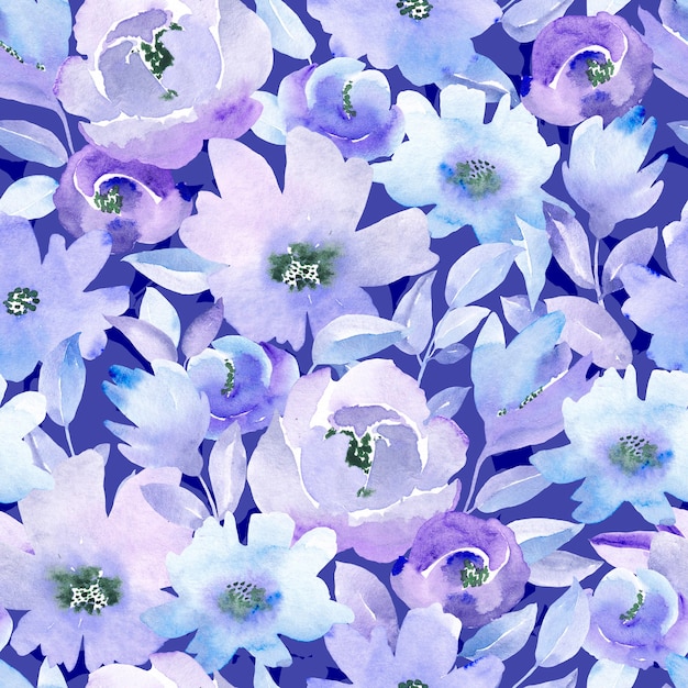 Seamless pattern with blue and lilac flowers and leaves on black background. Watercolor floral pattern