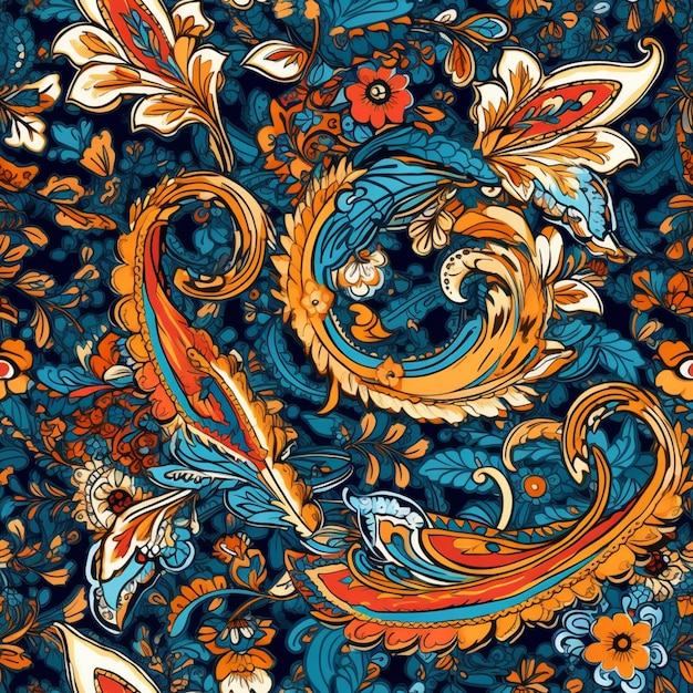 Seamless pattern with a blue and orange floral pattern.