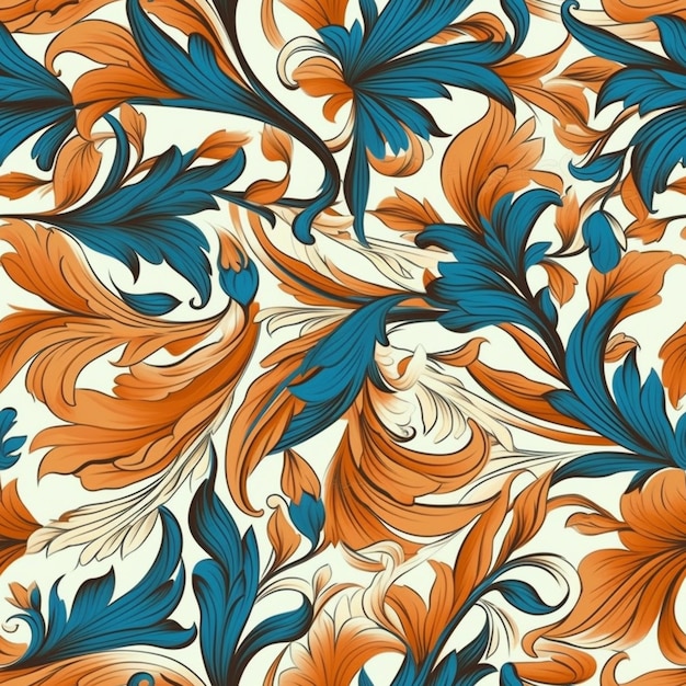 Seamless pattern with a blue and orange leaves on a white background.