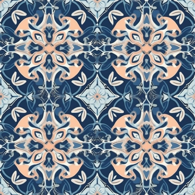 Seamless pattern with blue and pink flowers on a dark background.