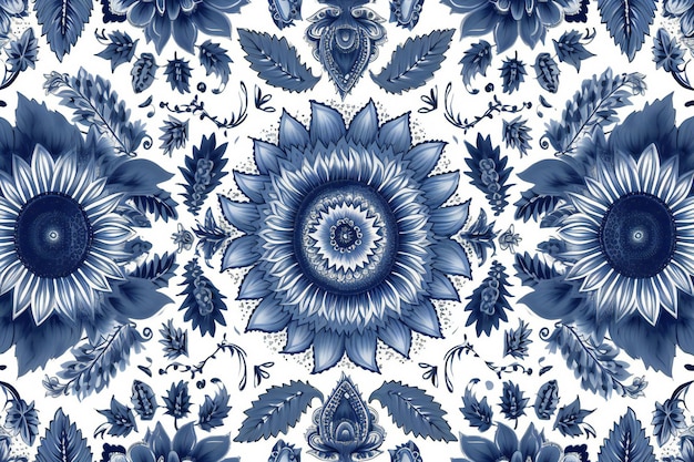 Seamless pattern with blue sunflowers and leaves Handdrawn illustration