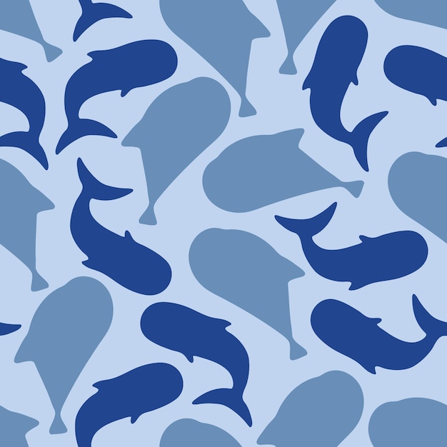 Seamless pattern with blue whale fish silhouettes