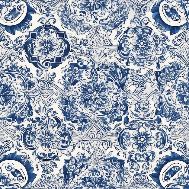 A seamless pattern with blue and white flowers.