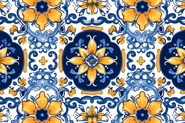 A seamless pattern with blue and yellow tiles with the name del porto on it.