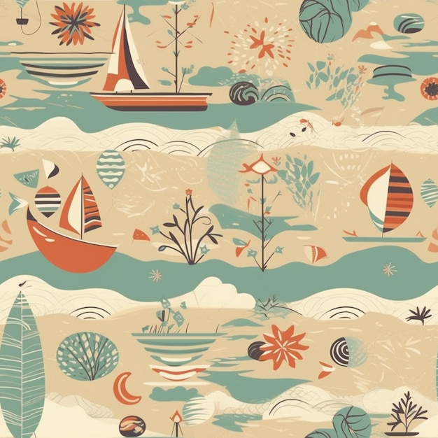 A seamless pattern with boats and flowers.