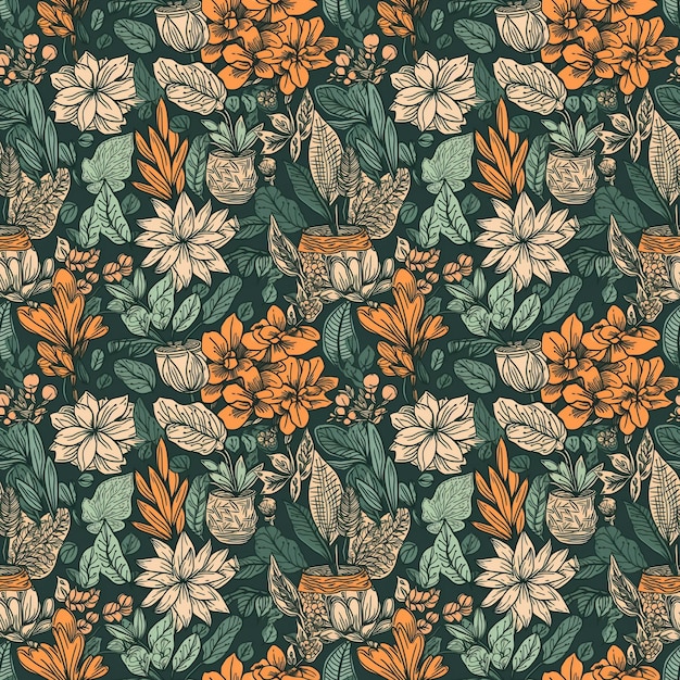 Seamless pattern with a bouquet of flowers and leaves.