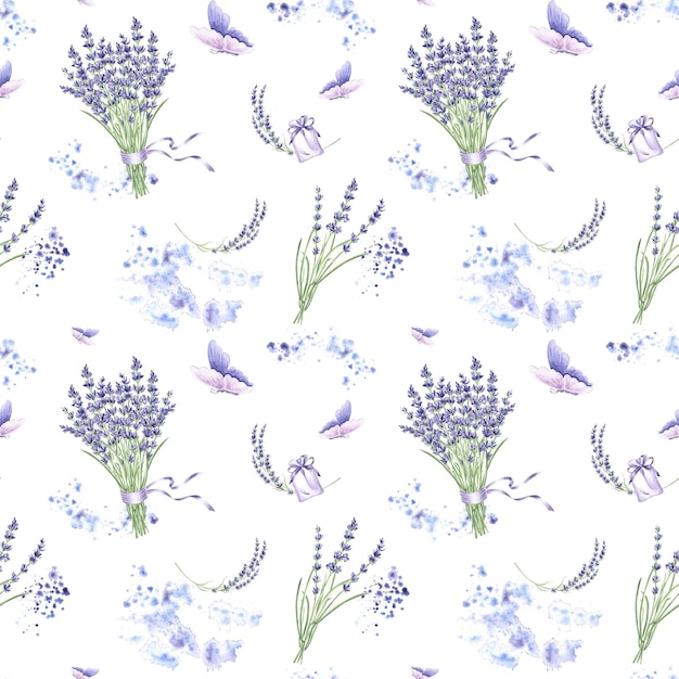 Seamless pattern with bouquet of purple lavender flowers and butterfly watercolor hand drawn