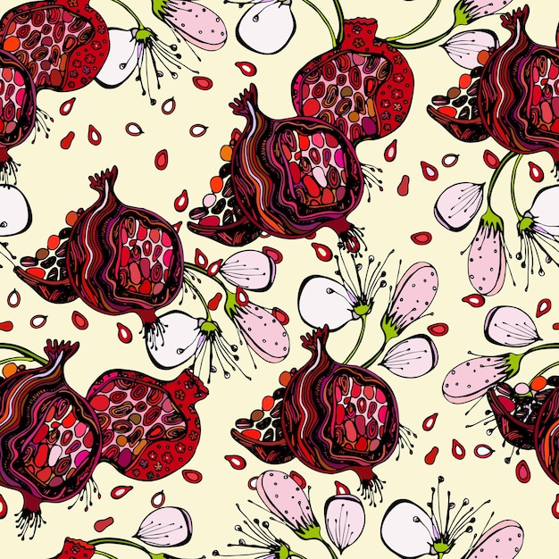 Seamless pattern with bright colorful image of a pomegranate