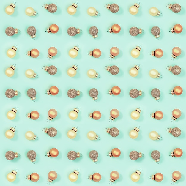 Seamless pattern with bright shiny little Christmas balls on mint color paper