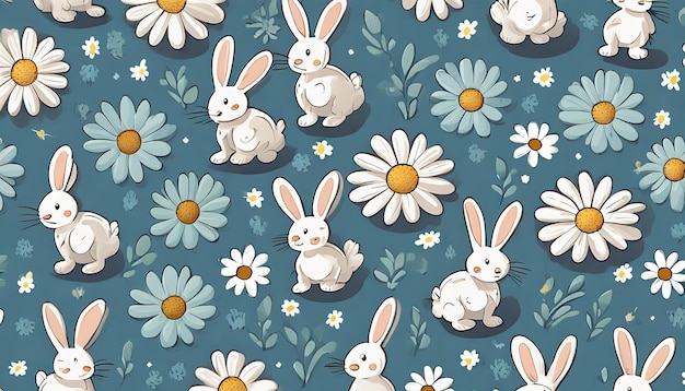 Photo seamless pattern with bunny rabbit cartoons foot print and daisy flower on blue background vector il