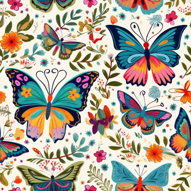 A seamless pattern with butterflies on a white background.