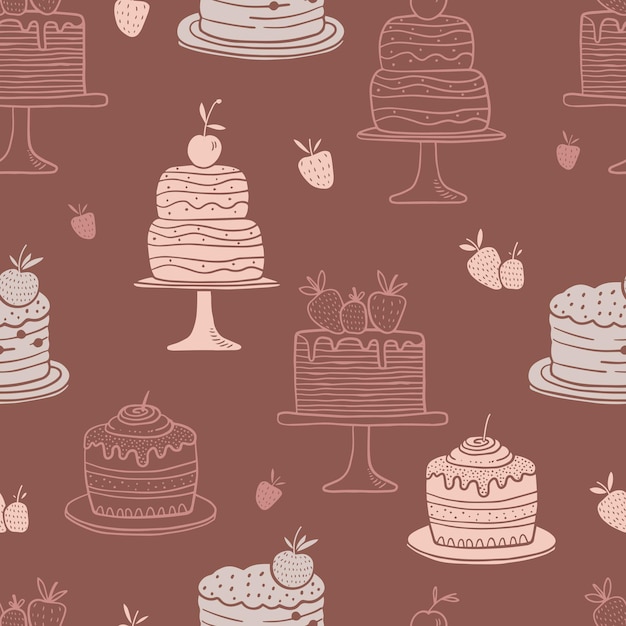 Photo seamless pattern with cake strawberry and cherry hand drawn vector illustration