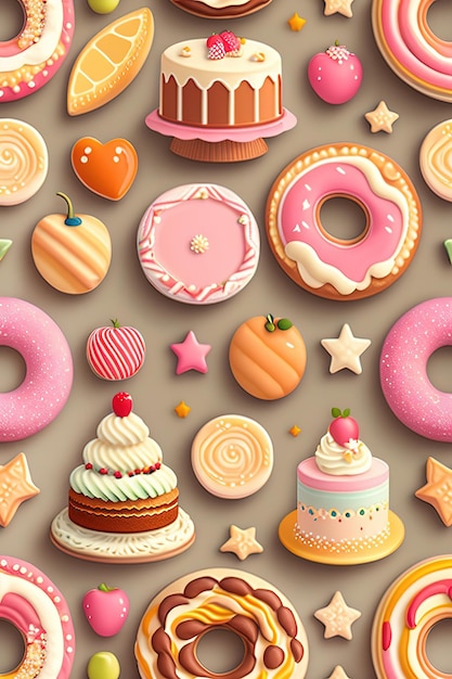 Seamless pattern with cakes donuts and assorted cookies