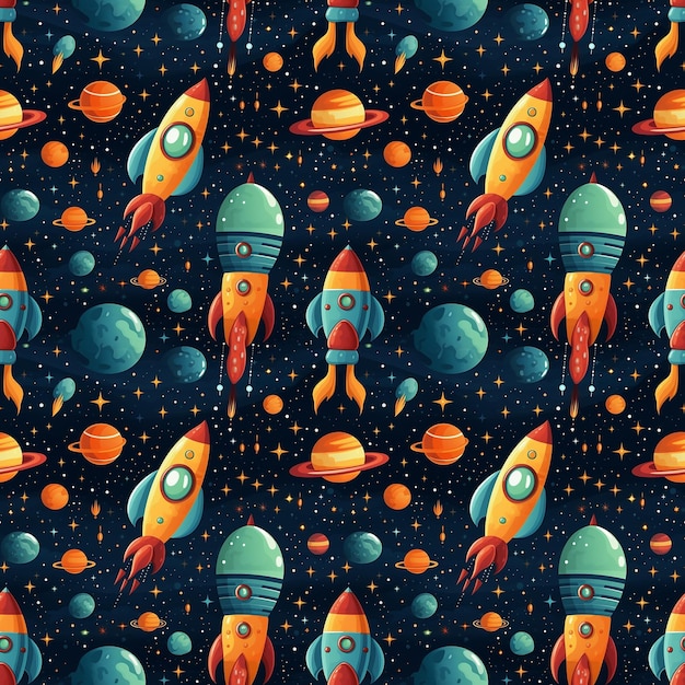 Seamless pattern with cartoon rockets planets and stars in space generated ai