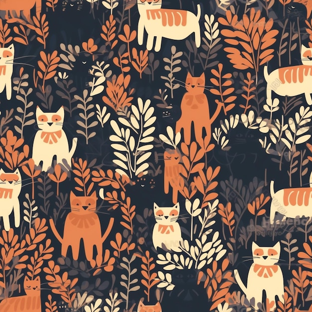 Seamless pattern with cats in the garden.