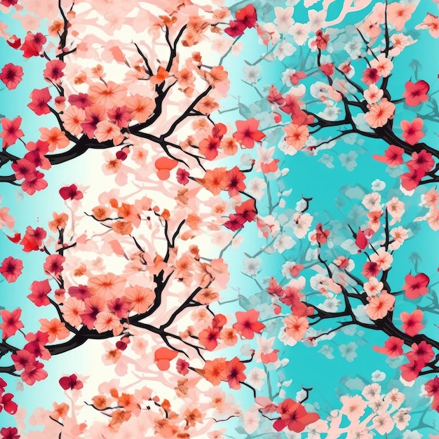 Seamless pattern with a cherry blossom tree on a blue background.