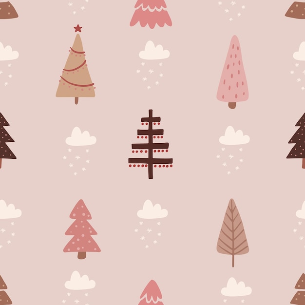 Seamless pattern with Christmas trees Holiday modern boho background Vector illustration