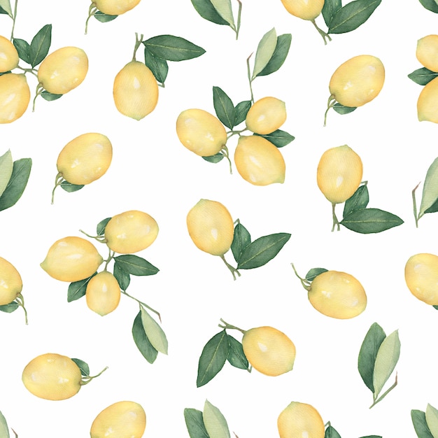 Seamless pattern with citrus fruit lemons on a branch with green leaves