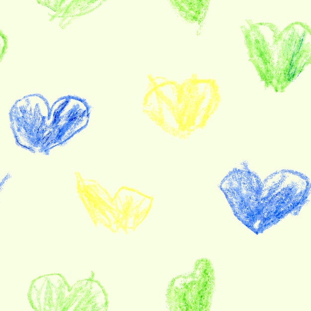 Seamless Pattern With Colored Kid's Crayon Hand Drawn Hearts