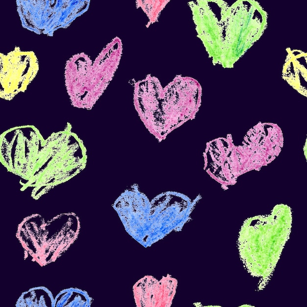 Seamless Pattern With Colored Kid's Crayon Hand Drawn Hearts