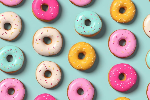 Seamless pattern with colorful donuts on pastel blue background