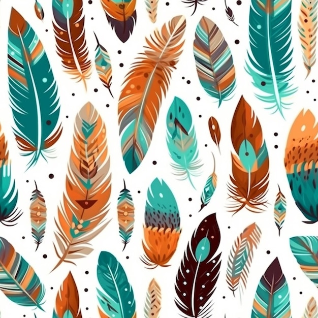 A seamless pattern with colorful feathers on a white background.