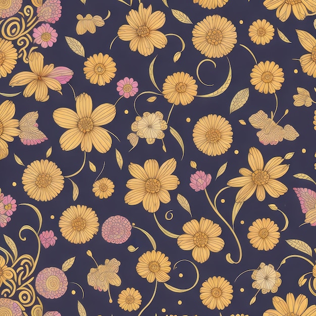 Seamless pattern with colorful flowers on dark blue background vector illustration