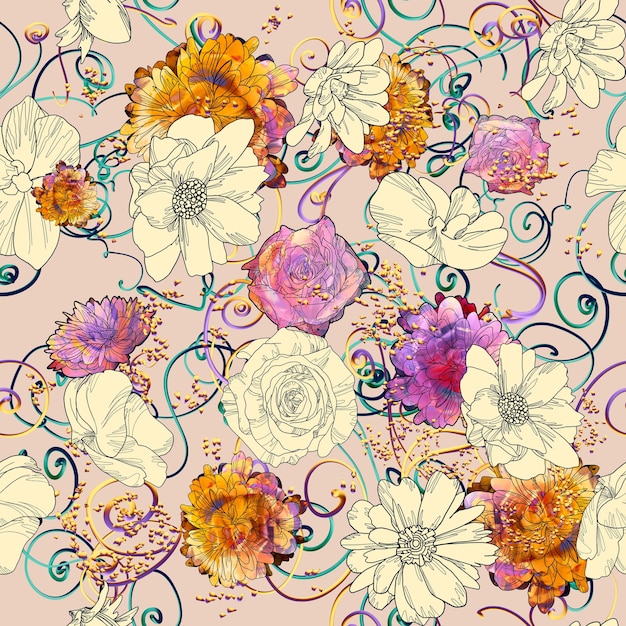 seamless pattern with colorful flowers,floral illustration painting