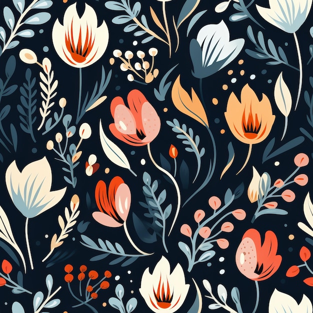 Photo seamless pattern with colorful flowers and leaves on a dark blue background