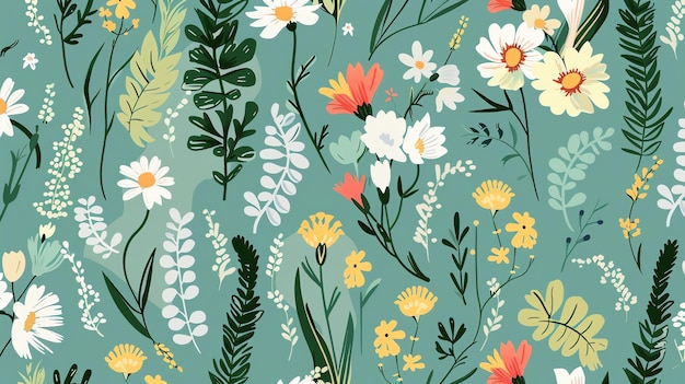 A seamless pattern with colorful flowers and leaves on a teal background