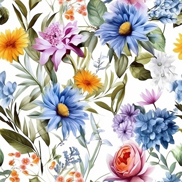 seamless pattern with colorful flowers on a white background