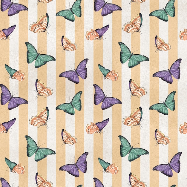 Photo seamless pattern with colorful green purple butterflies on striped background handdrawn watercolor