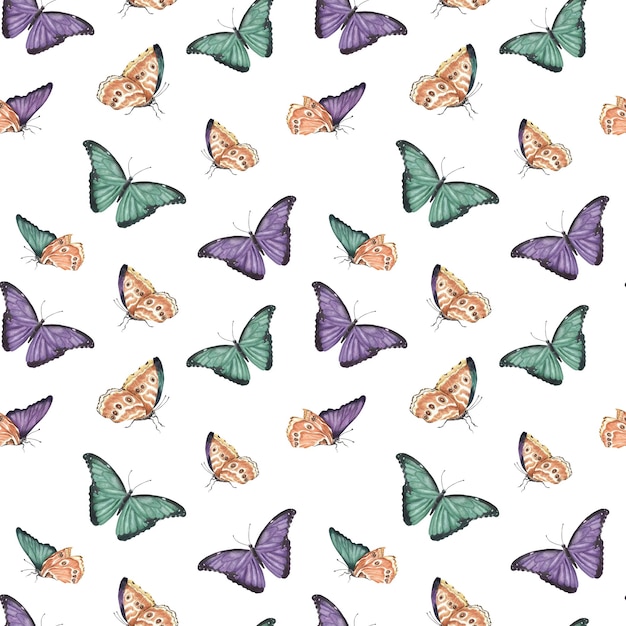 Photo seamless pattern with colorful green and purple exotic butterflies handdrawn watercolor illustration