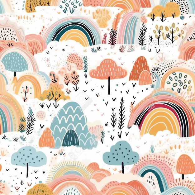 A seamless pattern with colorful trees and clouds.