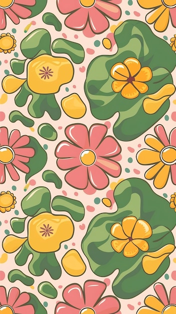 Seamless pattern with cool groovy flowers liquid shapes cartoon style