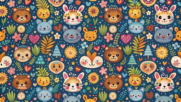 Seamless pattern with cute animal faces flowers and hearts on a blue background