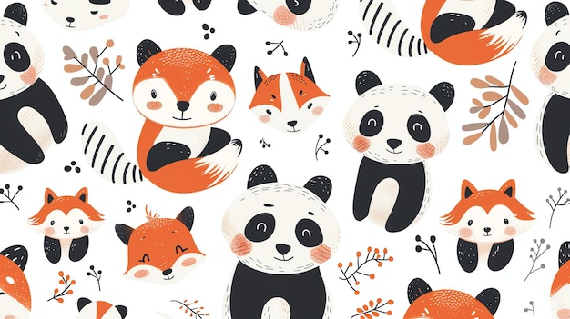 A seamless pattern with cute animal faces including pandas and foxes